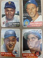 Four 1953 Topps baseball cards in one image showing Hank Thompson, Wayne Terwilliger, Allie Reynolds, and Early Wynn. Cards show color illustrations, names, teams, and some edge wear.
