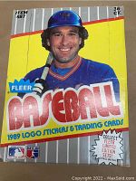 Front of the 1989 Fleer Baseball wax box showing player in Mets uniform, branding, pack count and logos.