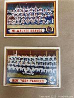 Photo of 1957 Topps Milwaukee Braves and New York Yankees baseball team cards.