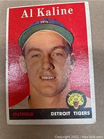 Front of 1958 Topps Al Kaline baseball card showing player portrait and Detroit Tigers team logo.