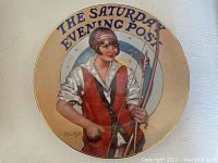 Front image of the plate showing a woman skier in vintage clothing with 'The Saturday Evening Post' title.