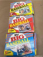 Three unopened Topps Big Baseball Cards boxes from 1988, stacked together showing 1st, 2nd, and 3rd series designs with player images and colorful striped backgrounds.
