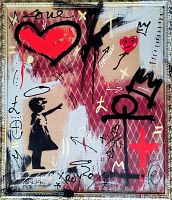 Front view of painting showing silhouette of girl and red heart graphic