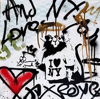 Close-up of central rat stencil with I♥NY shirt and surrounding graffiti