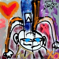 Close-up photo of the painting showing details of colorful abstract figure, spray paint application, signed area.