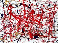 Full front view of the canvas showing red, gold and navy blue splatter composition on white background