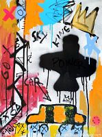 Close-up front view of colorful abstract painting with crown and black silhouette figure on canvas.