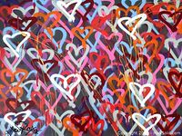 Close-up front view showing multicolored heart motif and paint layers