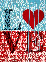 Front view of painting showing blue and red layered graffiti text and red heart motif