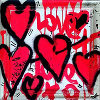 Close-up photo of street art painting showing red hearts and black outlines with word 'LOVE'. Signature visible on bottom left.