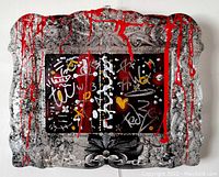 Front view of TedyZet original street art piece with crystal frame and red enamel drips.