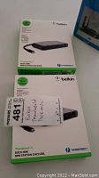 Two sealed Belkin Thunderbolt 3 Dock Mini boxes stacked with MaxSold tag visible