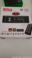 Front view of Boss Audio Systems 752UAB car stereo box showing product features and model number.