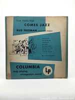 Front of the vintage vinyl record sleeve for Bud Freeman 'Comes Jazz' showing artwork and title.