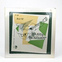Front cover of Best Of Django Reinhardt 12-inch LP album with abstract guitar illustration and green shapes
