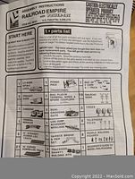 Instruction sheet listing parts included in Railroad Empire train set and some assembly and safety information.