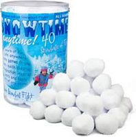 Blue cylindrical container labeled 'Snowtime! 40 Snowballs' with a pile of 20+ white indoor snowballs in front, some snowballs textured to look like snow.