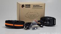 Photo showing Dog Range Smart No Shock Dog Bark Control Collar system with box, nylon collar strap with orange stripe, control device, charging cable, and adjustment parts.