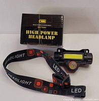 Black high power LED headlamp with adjustable strap and packaging box with print indicating built-in rechargeable battery.