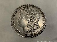 Obverse side of the 1882 Morgan Silver Dollar showing the profile of Lady Liberty with details and date.
