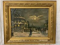 Full view of framed lithograph showing a Victorian winter evening scene with people and horse carriage under moonlight.
