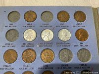 Top section of coin album showing Lincoln wheat pennies from 1941 to 1945 including 1943 steel pennies.