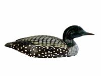 White background image showing full side profile of the wooden duck decoy with detailed paint work and dot patterns on wings.
