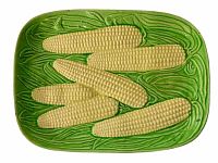 Top view of the ceramic corn platter showing full corn cob design with green husks and yellow corn kernels.