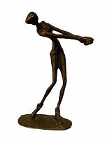 Front and side view of the bronze Brutalist sculpture, showing full figure and base with textured bronze finish.