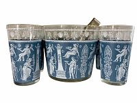 Close-up photo of 8 Wedgwood Hellenic tumblers and ice bucket showing white classical Greek design on blue background glassware.