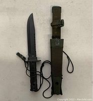 Full view of knife outside sheath showing textured handle, black blade with serrated spine, and sheath with belt strap.
