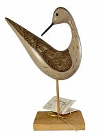 Front view of signed shore bird decoy on wooden base with tag visible