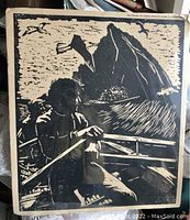 Full image showing two men rowing a wooden boat at sea with a large mountain and seagulls in the background, printed in black on tan.