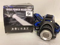 Photo showing high power headlamp alongside its original box. The product box has printed usage icons, and the headlamp has a black and blue adjustable strap.
