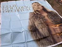Photo of large tarp showing Ellie Goulding's Delirium album cover art in pale blue with gold lettering and image of the singer in a fur jacket.