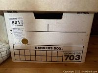 Bankers box labeled with Metlox Poppytrail serving set, including round platter, double handled bowl, side plates, and covered sugar bowl.