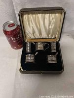 Photo showing cruet set pieces displayed in a black velvet-lined case with satin lid lining, alongside a soda can for size reference.
