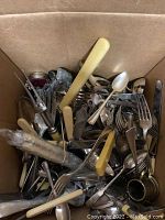 Top view of box containing assorted silver-plated cutlery with cream-colored handles