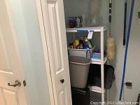 View of white plastic shelf unit holding cleaning and dusting supplies with decorative glass items on top shelf, black boot tray on second shelf, and wastebaskets on bottom.