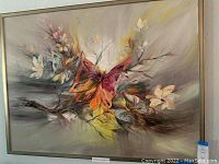 Full view of the abstract butterflies oil painting on canvas with warm tones and floral accents.