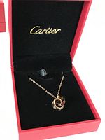 Gold-tone replica Cartier Love necklace with two interlocking rings engraved with screw motifs displayed inside a red Cartier box with black velvet lining.