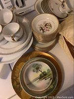 Photo showing stacks of small and medium plates with peacock and scenic tree designs, along with cups and saucers bearing gold and blue trim.