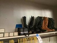 Image of men's cowboy boots and vintage Polaroid camera on upper shelf