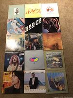 Overview of 15 vinyl LP covers arranged on floor