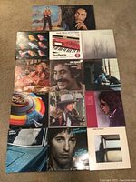 Top view of all 14 vinyl albums arranged on carpet showing album covers.