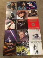 Overview photo of all 15 vinyl albums arranged on carpet, showing album cover art and titles including Barbara Streisand, Chilliwack, Fleetwood Mac, Michael Jackson, Jim Croce, Randy Travis, Jefferson Starship, Jimi Hendrix Experience, Rod Stewart, and others.
