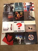 Twelve classic rock vinyl albums arranged on carpet, showing cover artwork for The Doors, Men Without Hats, Elton John, and others.