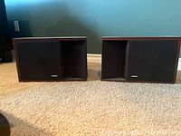 Pair of Bose speakers placed on carpet with wooden enclosures, showing front and side views