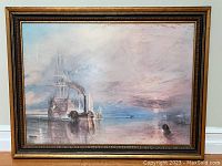 Front view of the framed art print showing the maritime scene with ships and cloudy sky.