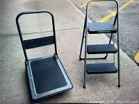 Platform cart and stepladder side by side on pavement